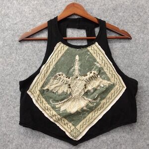 Halter Crop Tank Top Womens M Black Cutout Studded Bird Patch Boho FREE PEOPLE